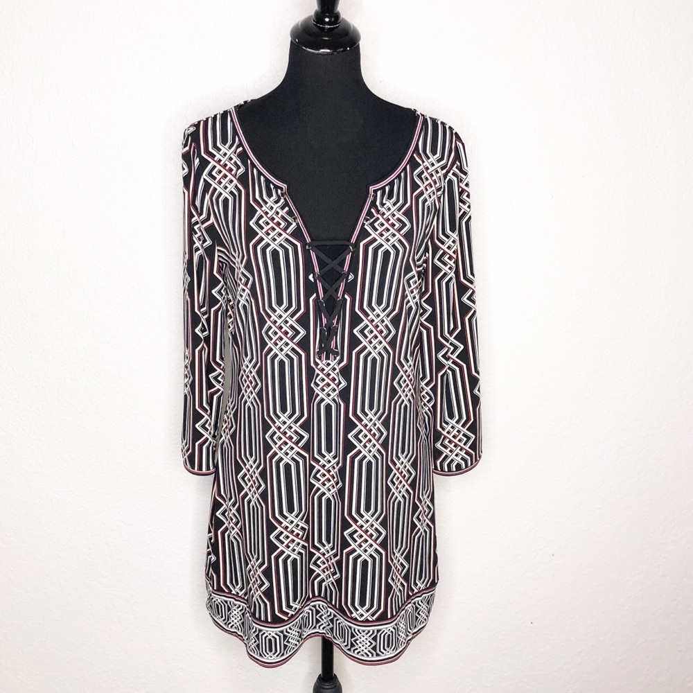 WHBM black white pink maroon geometric print lace up neck tunic top/ dress Large